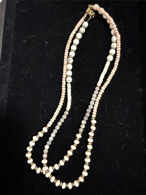 Beaded Multi-Strand Necklace in Pink, Cream & Gray